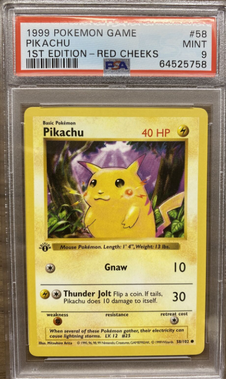 1999 Base Set 58 Pikachu 1st Edition - Red Cheeks Common Shadowless TCG Card PSA 9